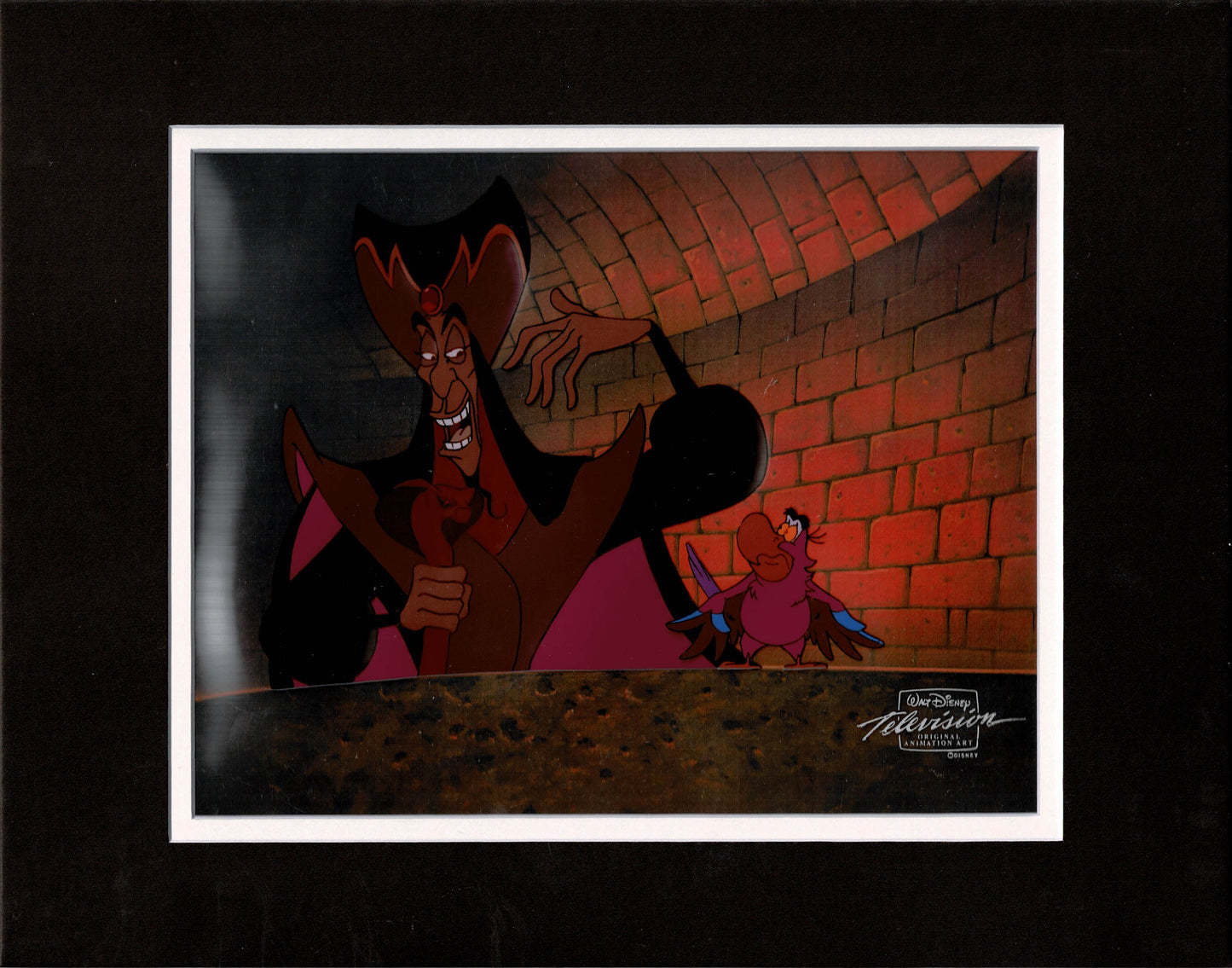 Aladdin Jafar and Iago Walt Disney Cartoon Production Animation Cel and Drawing from 1994 Return of Jafar Matted 15 C-A