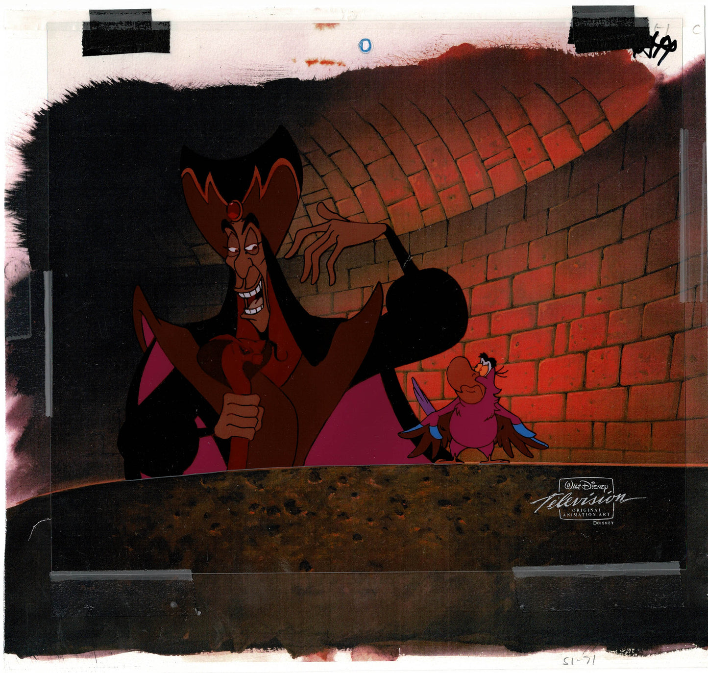 Aladdin Jafar and Iago Walt Disney Cartoon Production Animation Cel and Drawing from 1994 Return of Jafar Matted 15 C-A