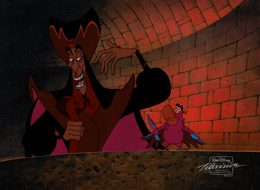 Aladdin Jafar and Iago Walt Disney Cartoon Production Animation Cel and Drawing from 1994 Return of Jafar Matted 15 C-A