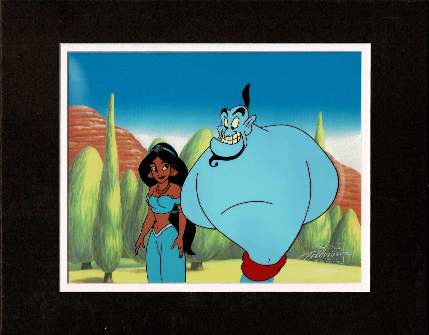 Aladdin The Genie and Jasmine Walt Disney Cartoon Production Animation Cel and Drawing from 1994 Return of Jafar Matted 16 C-A