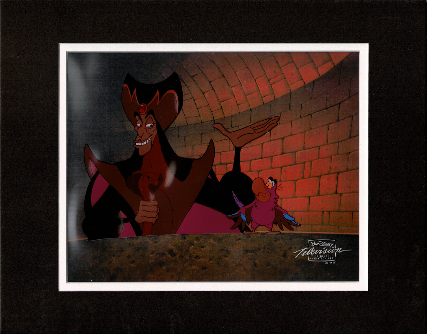 Aladdin Jafar and Iago Walt Disney Cartoon Production Animation Cel and Drawing from 1994 Return of Jafar Matted 17 C-A