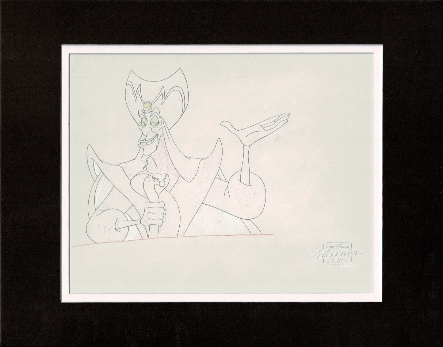 Aladdin Jafar and Iago Walt Disney Cartoon Production Animation Cel and Drawing from 1994 Return of Jafar Matted 17 C-A