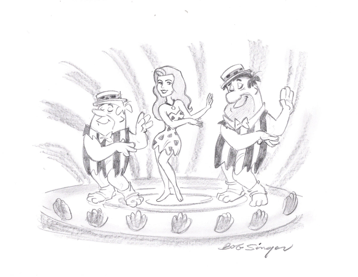 The FLINTSTONES Fred Barney and Anne Margrock Large Pencil Drawing Signed by Bob Singer