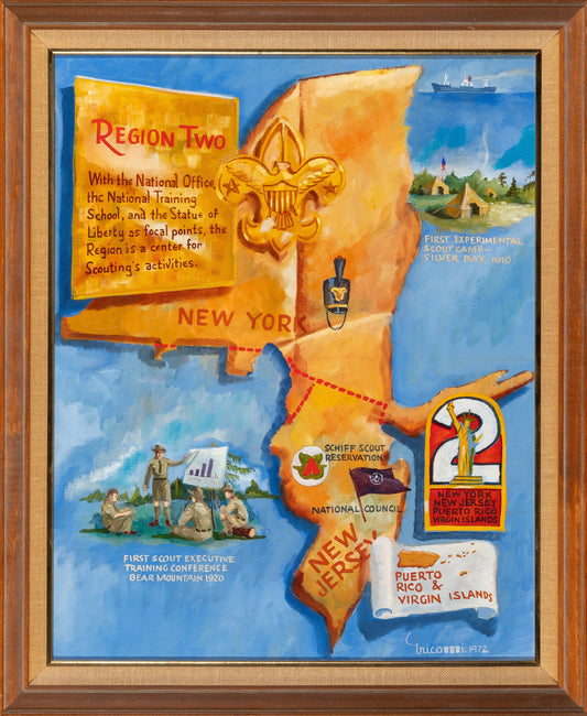 Saro Tricomi Boy Scouts Oil Painting with New York and New Jersey 1972 ex-BSA Framed