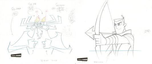 SAMURAI JACK by Genndy Tartakovsky Pair (2) of Original Production Animation Cel Drawings Of Jack and Aku Cartoon Network from the Original Series 2001-2004