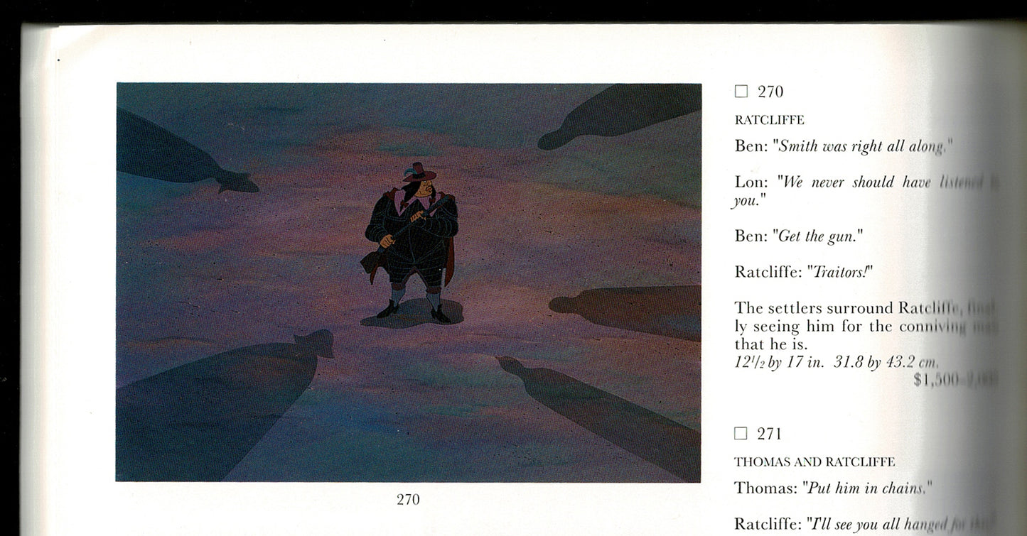 Pocahontas Walt Disney 1995 Hand-Painted Production-Used Animation Background and Presentation Cel of Ratcliffe from Sothebys Original Sale