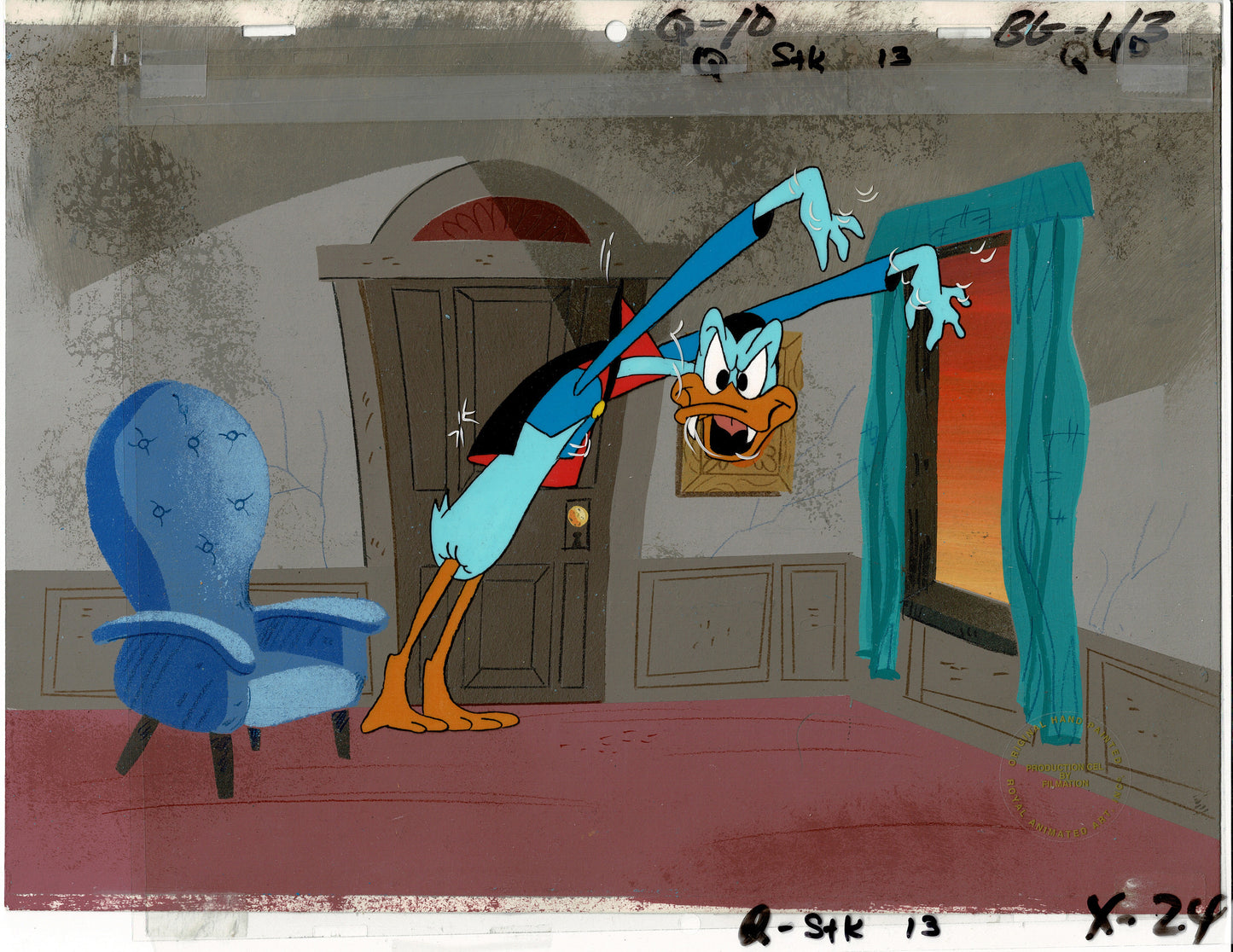QUACKULA Original Production Animation Art Cel setup and OBG Original Production Background from Filmation 1979