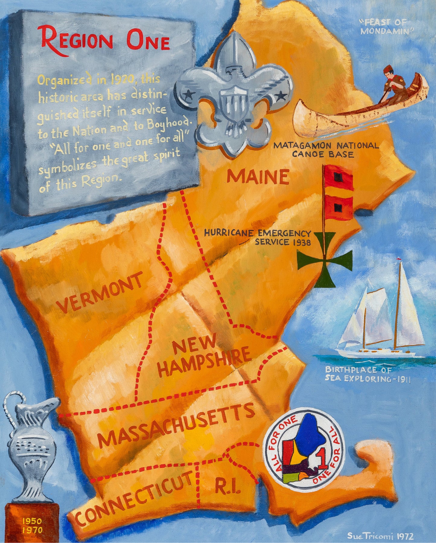 Saro Tricomi Boy Scouts Oil Painting Massachusetts Maine Vermont New Hampshire Connecticut Rhode Island 1972 ex-BSA Framed