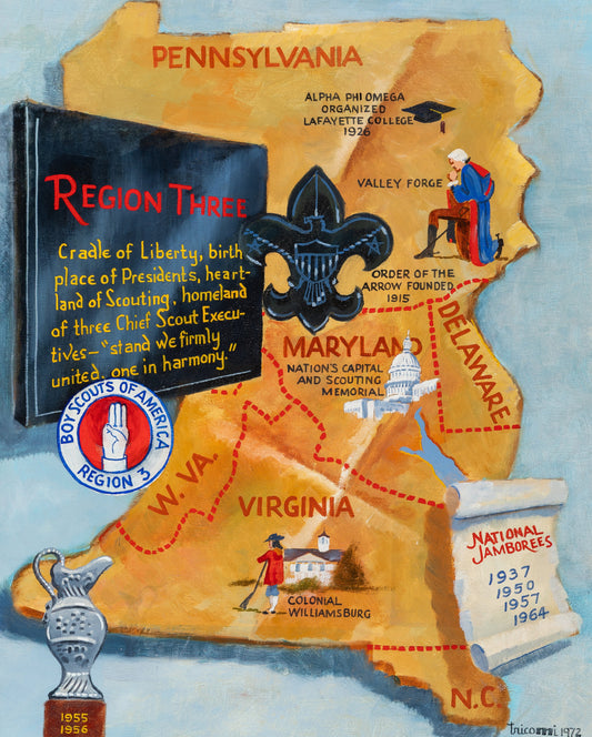 Saro Tricomi Boy Scouts Oil Painting Pennsylvania Virginia West Virginia Delaware Maryland North Carolina 1972 ex-BSA Framed