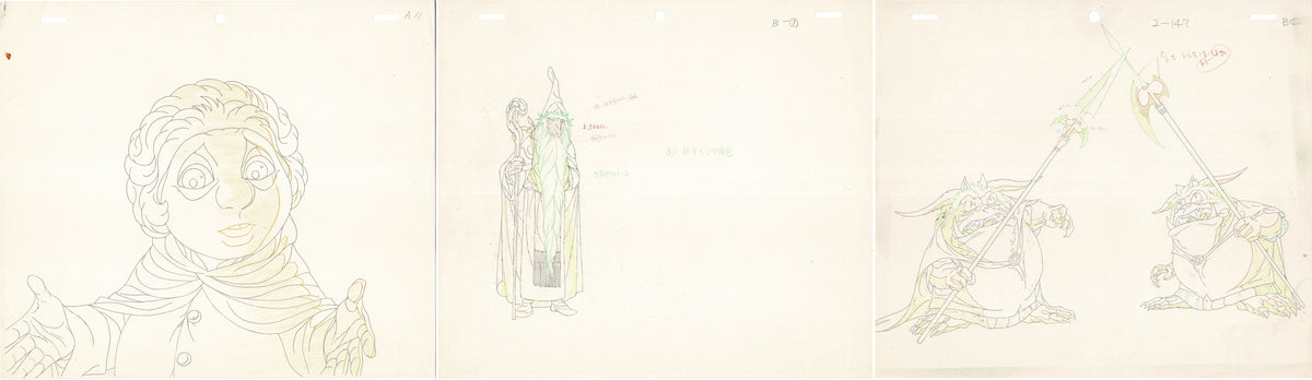 The Hobbit Set of 3 Production Animation Cel Drawings Rankin-Bass 1977 Tolkien Bilbo Gandalf and Goblins