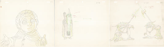 The Hobbit Set of 3 Production Animation Cel Drawings Rankin-Bass 1977 Tolkien Bilbo Gandalf and Goblins