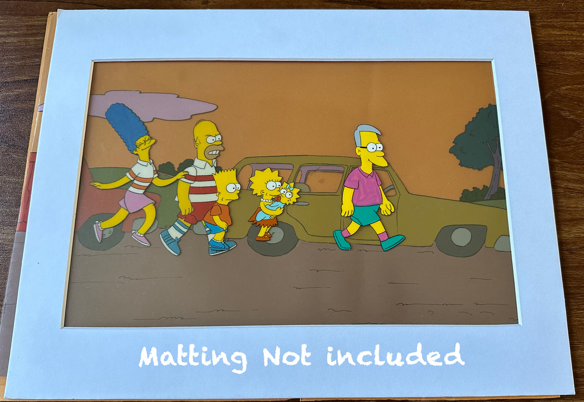 Simpsons Original Production Animation Cel Setup AND BACKGROUND - Homer, Bart, Marge, Maggie and Lisa - 1990