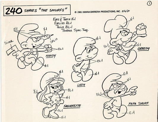 Smurfs Model Sheet Copy Group of 9 Pages 1981 Production Hanna Barbera Smurfette and Papa Smurf