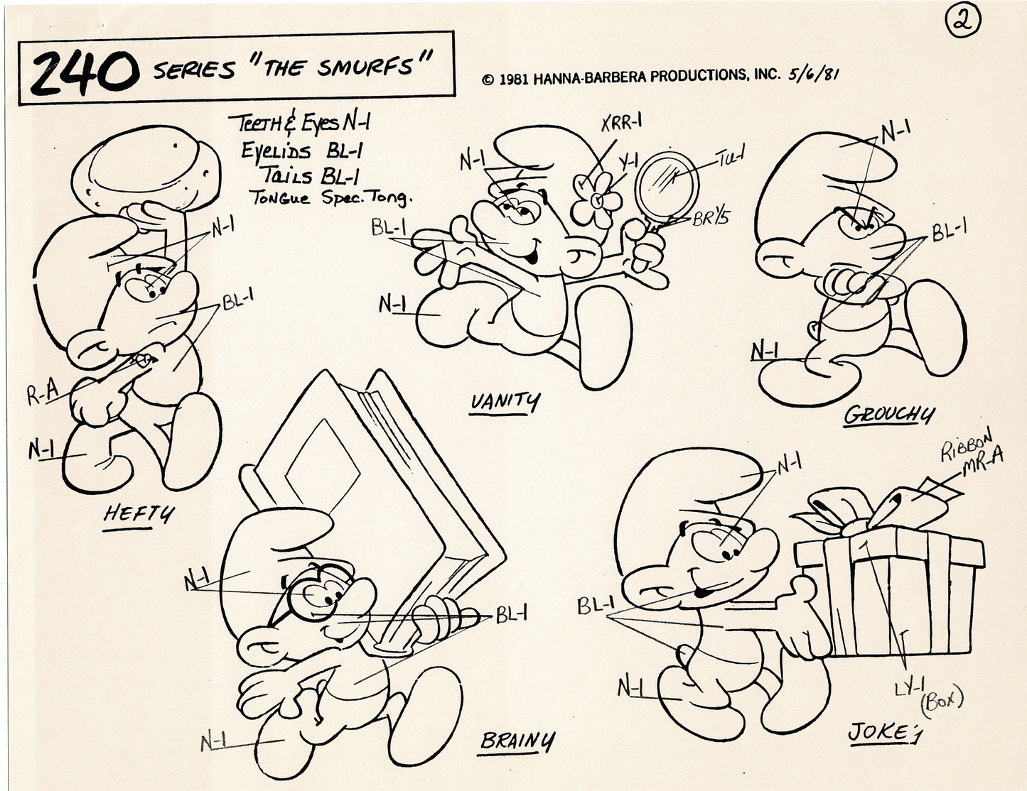 Smurfs Model Sheet Copy Group of 9 Pages 1981 Production Hanna Barbera Smurfette and Papa Smurf