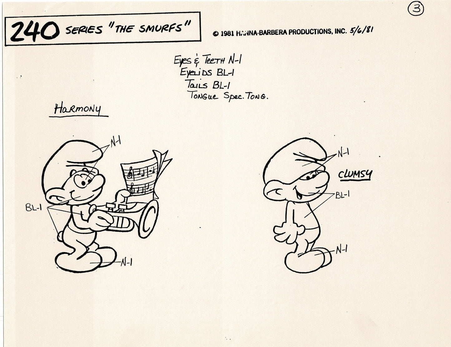Smurfs Model Sheet Copy Group of 9 Pages 1981 Production Hanna Barbera Smurfette and Papa Smurf