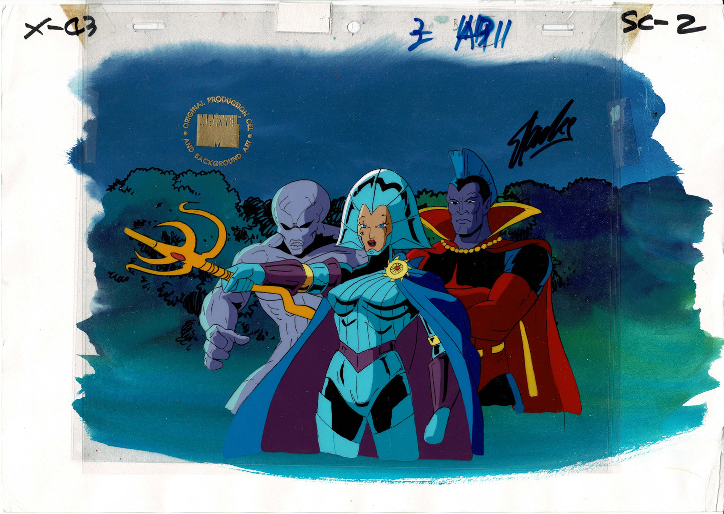 X-Men The Animated Series 1992-1997 Marvel Production Animation Cel Setup with OBG Key Master Setup Lilandra and Gladiator Signed Stan Lee