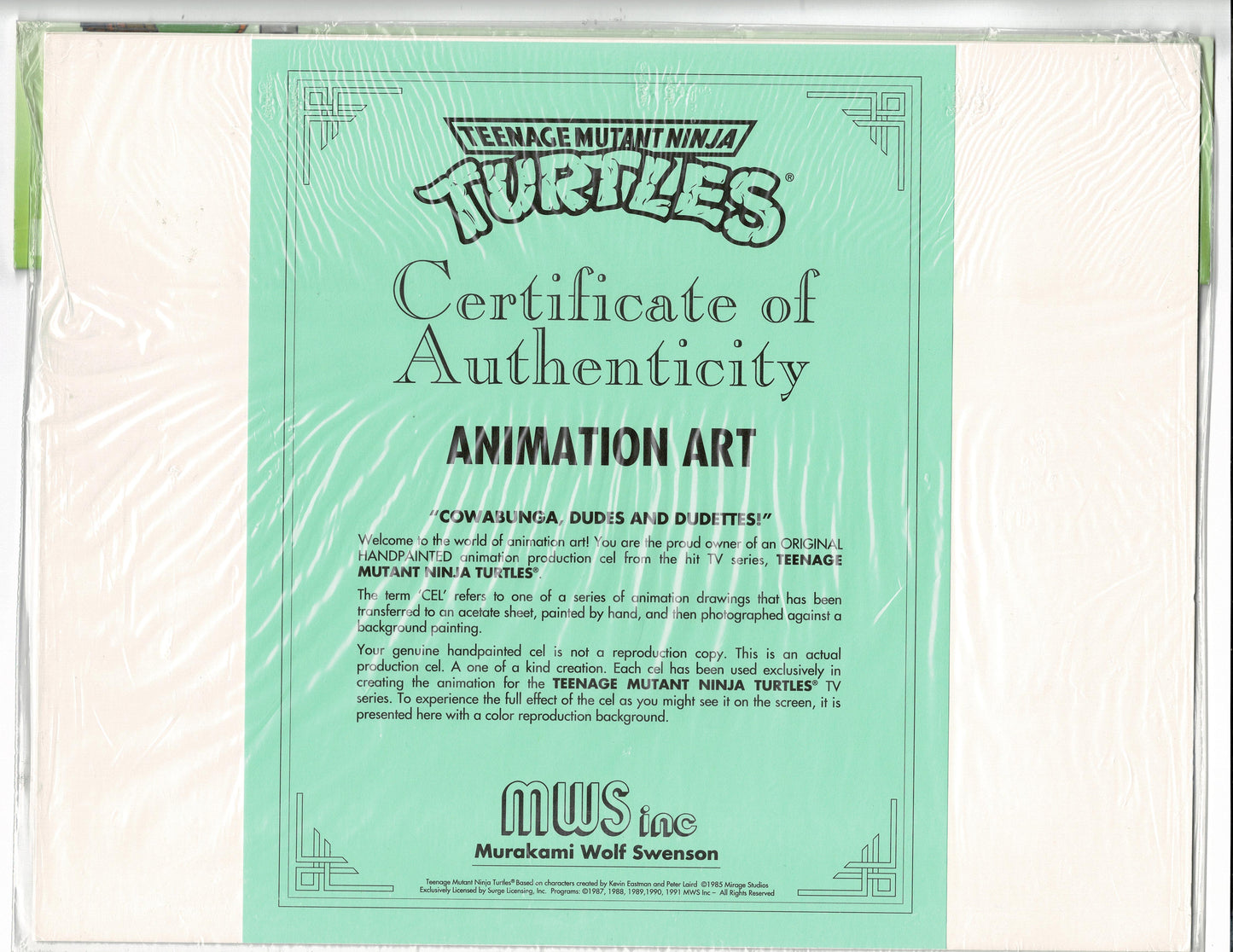 Teenage Mutant Ninja Turtles TMNT Original Production Animation Cel in Original Package nht