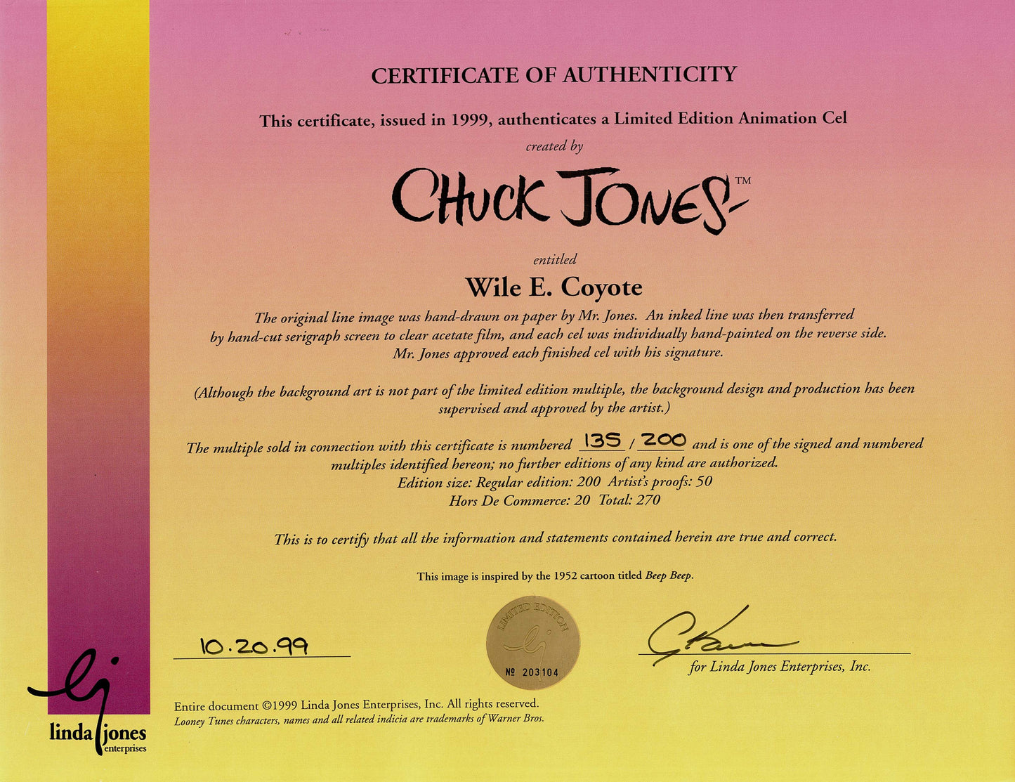 Chuck Jones SIGNED Wile E Coyote Limited Edition Cel 135 out of 200 from 1998 SOLD OUT 20 Years Ago