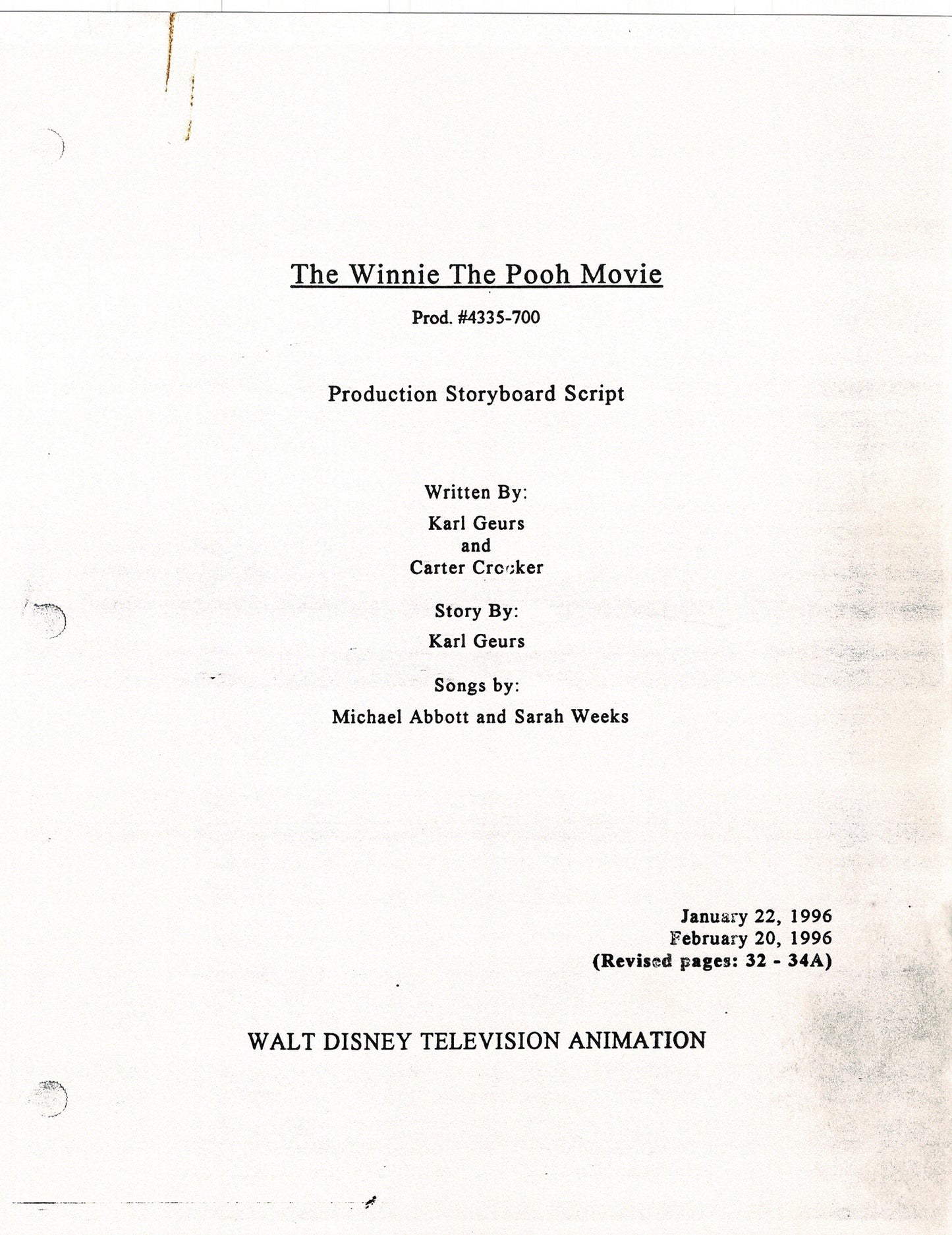 Winnie the Pooh Grand Adventure Disney Production Script Copy grp 1997 96f
