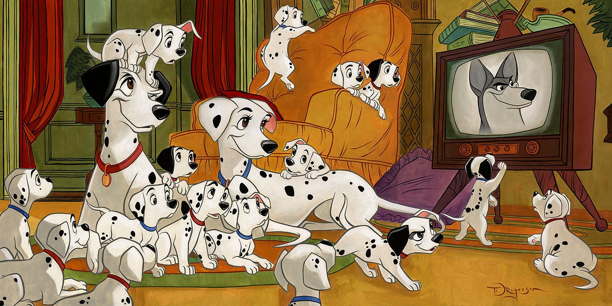 101 Dalmatians Walt Disney Fine Art Tim Rogerson Signed Limited Edition of 195 Print on Canvas "Movie Night"