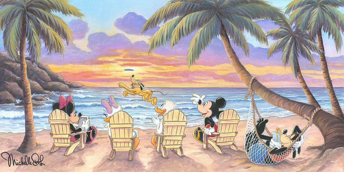 Mickey, Minnie, Donald and More Walt Disney Fine Art Michelle St. Laurent Signed Limited Edition of 195 on Canvas "Beautiful Day at the Beach"