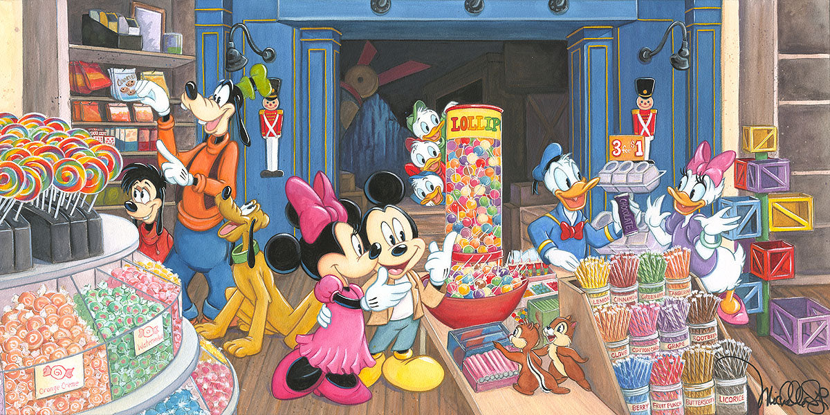 Mickey, Minnie, Donald and More Walt Disney Fine Art Michelle St. Laurent Signed Limited Edition of 195 on Canvas "Candy Store"