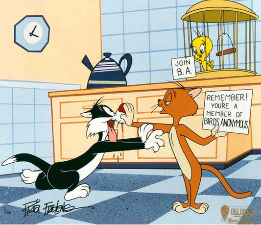 Birds Anonymous Sylvester and Tweety Bird Looney Tunes Warner Brothers Limited Edition Animation Cel of 750 Signed by Friz Freleng