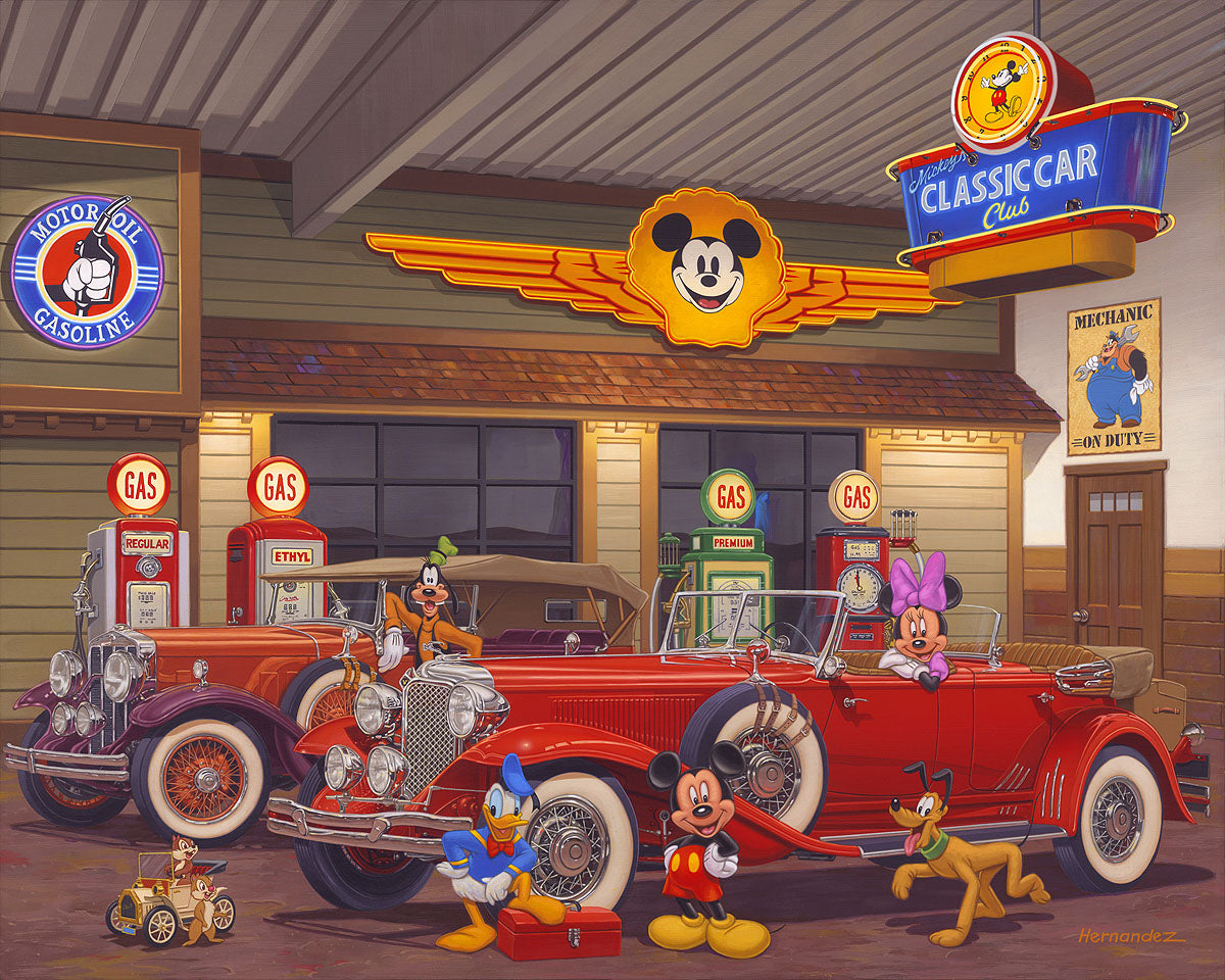 Mickey Mouse Walt Disney Fine Art Manuel Hernandez Signed Limited Ed of 95 on Canvas "Mickey's Classic Car Club"