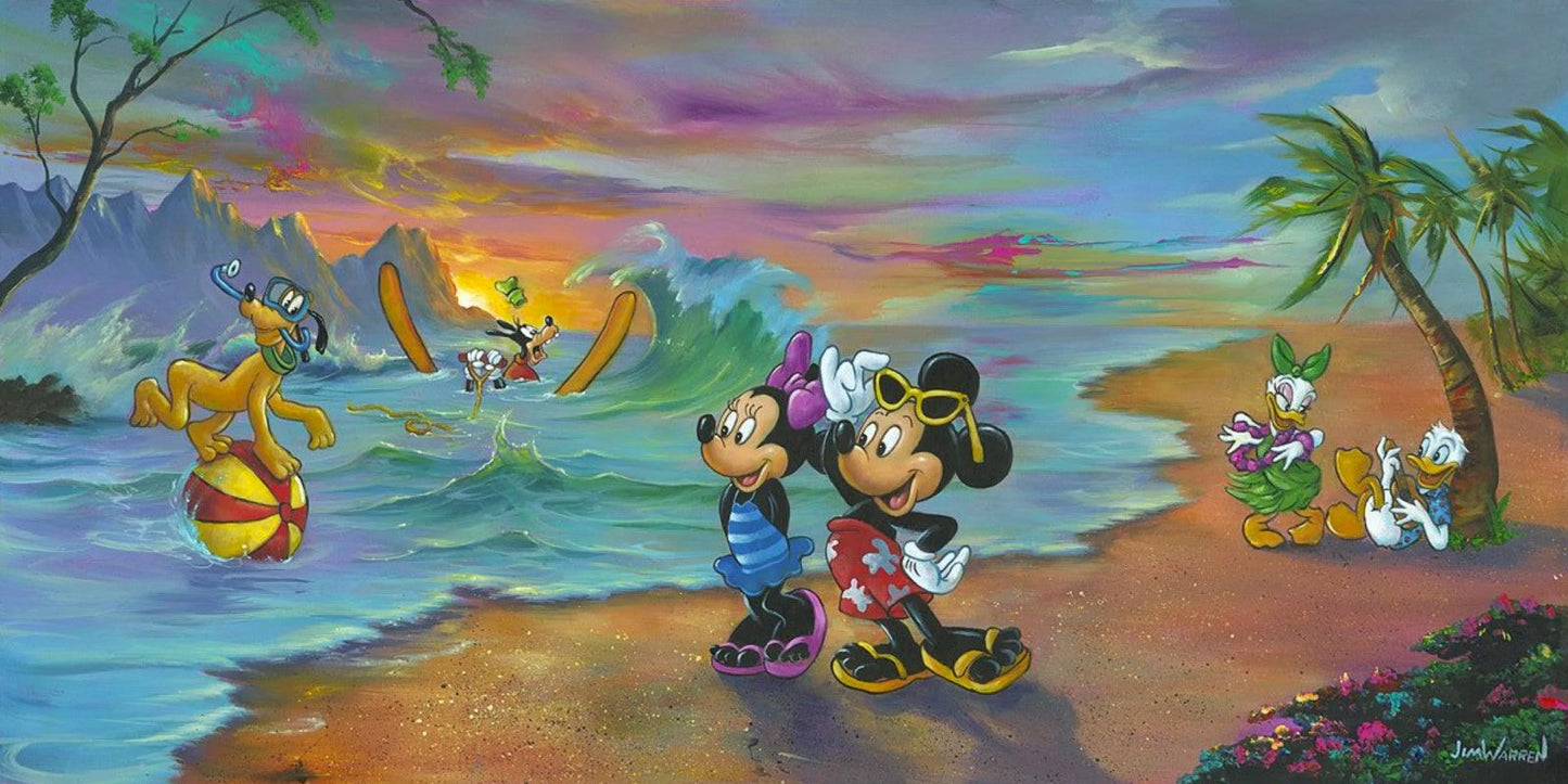 Mickey Mouse Walt Disney Fine Art Jim Warren Signed Limited Edition on Canvas Print of 95 "Mickey and the Gang's Hawaiian Vacation"
