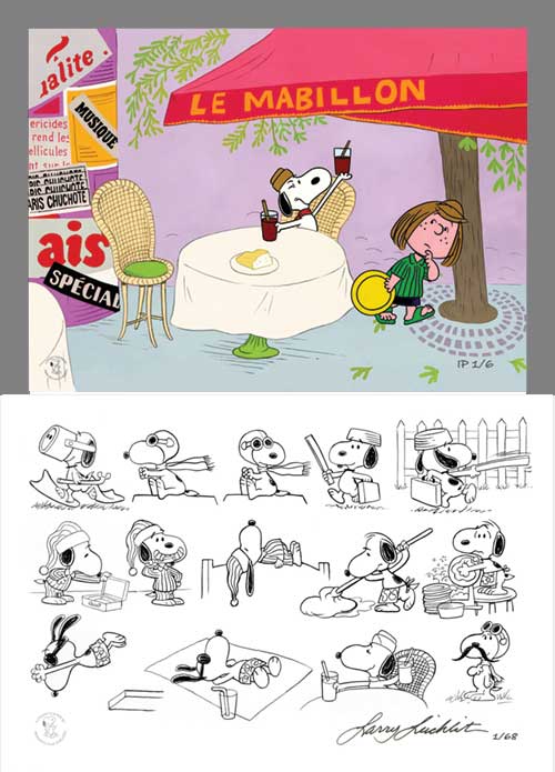 PEANUTS Snoopy's Rendezvous in St Germain Limited Edition of 68 Animation Cel AND Storyboard Print Signed by Larry Leichliter mlc23