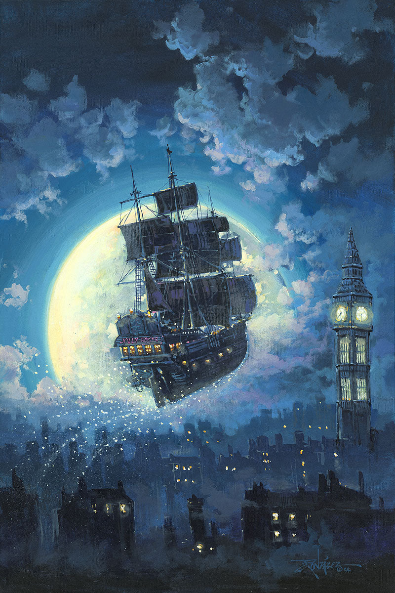 Peter Pan Walt Disney Fine Art Rodel Gonzalez Signed Limited Edition of 195 on Canvas "Sailing Into the Moon"