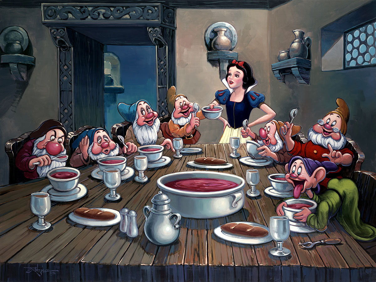 Snow White and the Seven Dwarfs Walt Disney Fine Art Rodel Gonzalez Signed Limited Edition of 195 on Canvas "Soup for Seven" REGULAR Edition