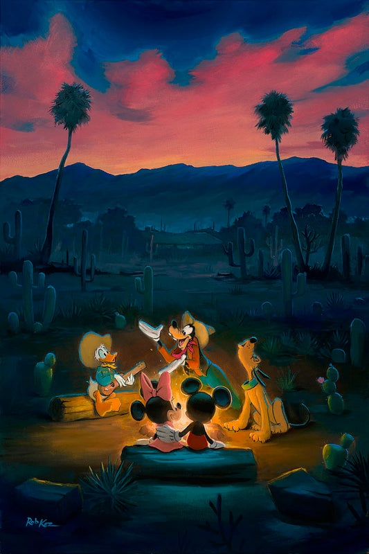 Mickey Mouse Minnie Mouse Walt Disney Fine Art Rob Kaz Signed Limited Edition of 195 on Canvas "Campfire Sing-along"