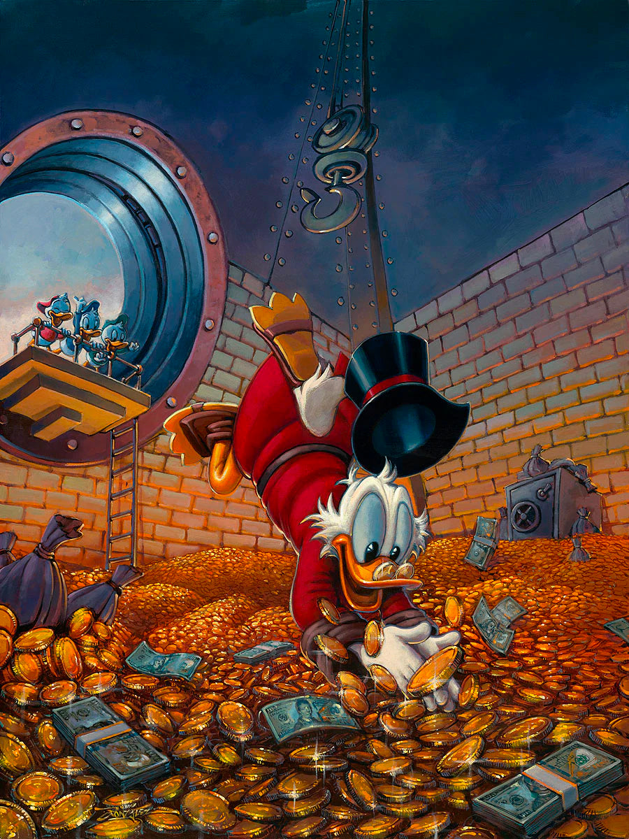 Scrooge McDuck Walt Disney Fine Art Rodel Gonzalez Signed Limited Edition of 195 on Canvas "Diving In Gold" REGULAR Edition