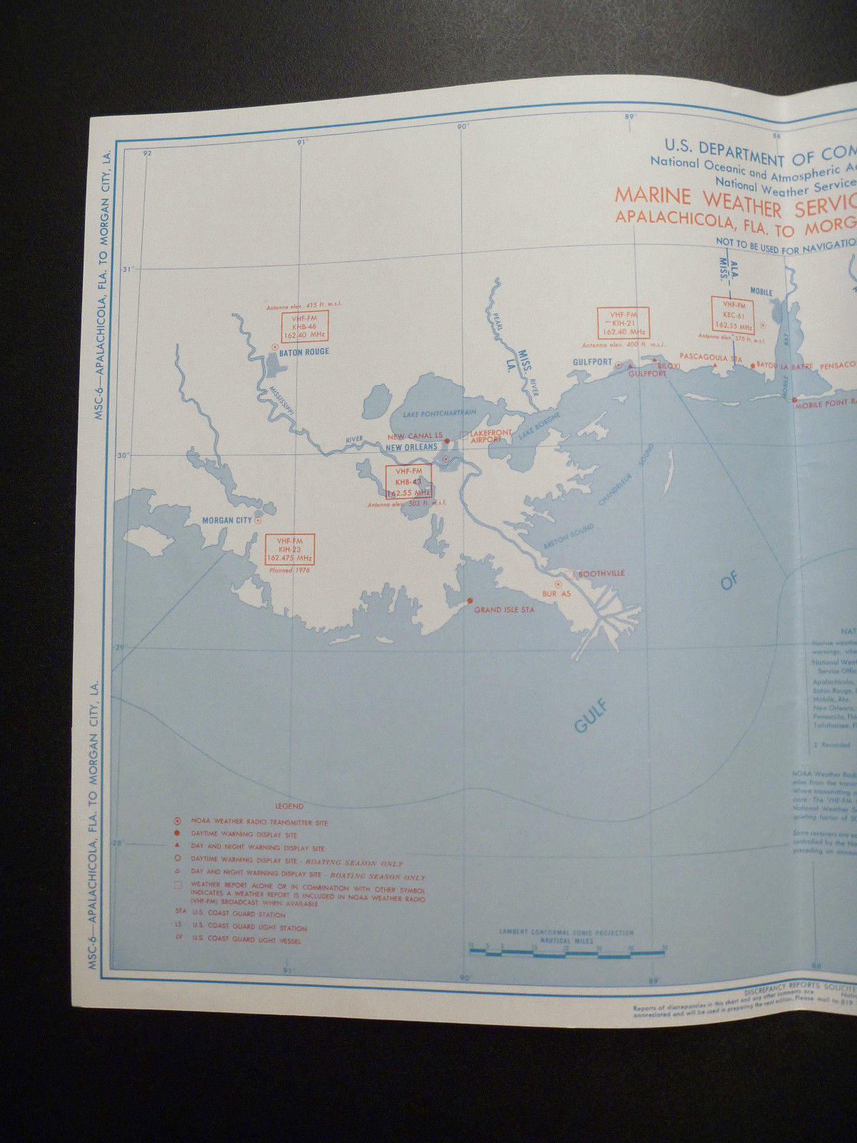 Antique MAP Nat'l Weather depth chart Apalachicola, Florida to Morgan City, L.A.