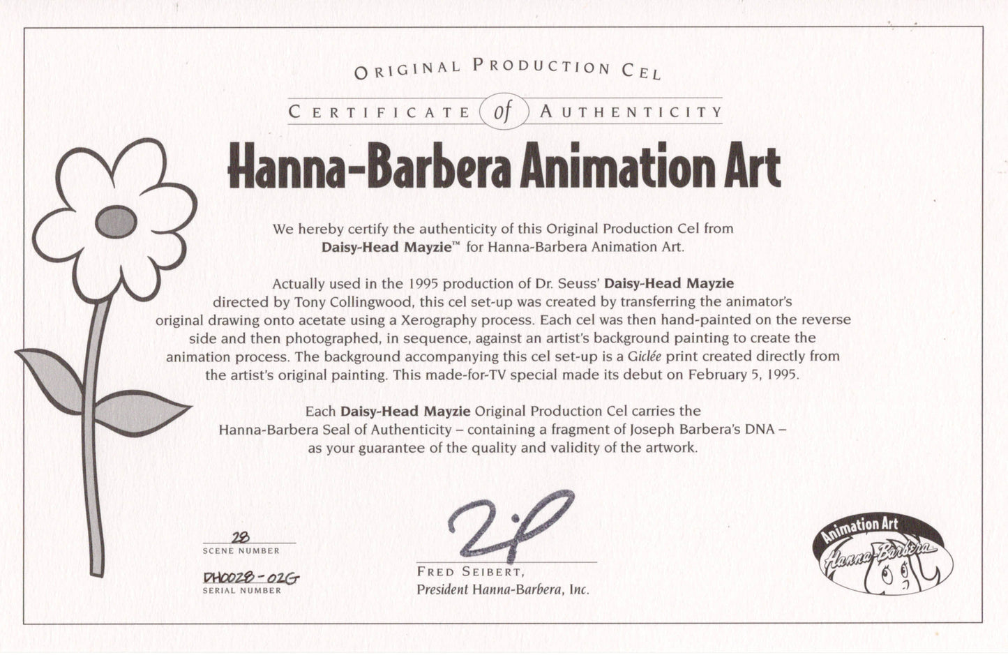 Daisy-Head Mayzie Production Animation Cel from Hanna Barbera 1995 Dr Seuss