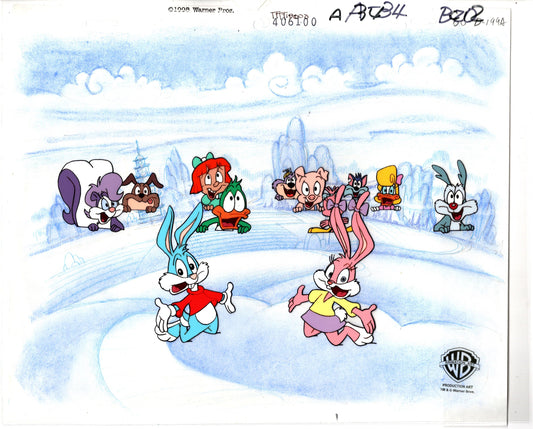 Tiny Toons Original Production Cel of Babs, Buster and 10 other Characters PLUS a Background Drawing 1990-92 gr
