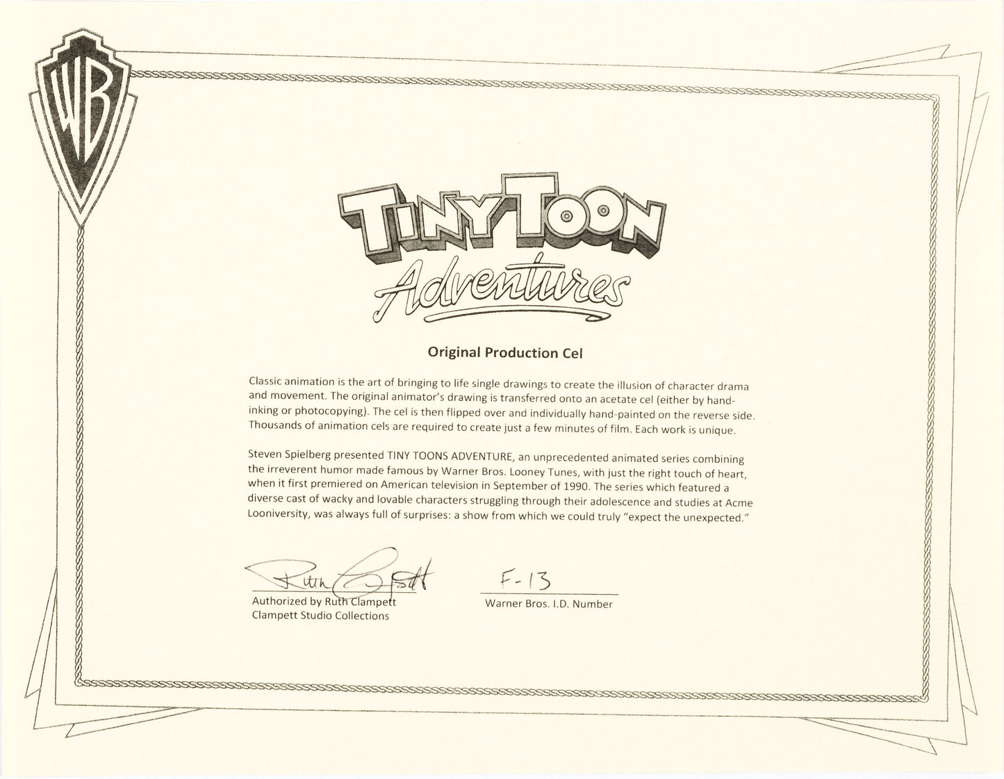 Tiny Toons Original Production Animation Cel Furrball 1990-92 Spielberg with WB Seal and COA t