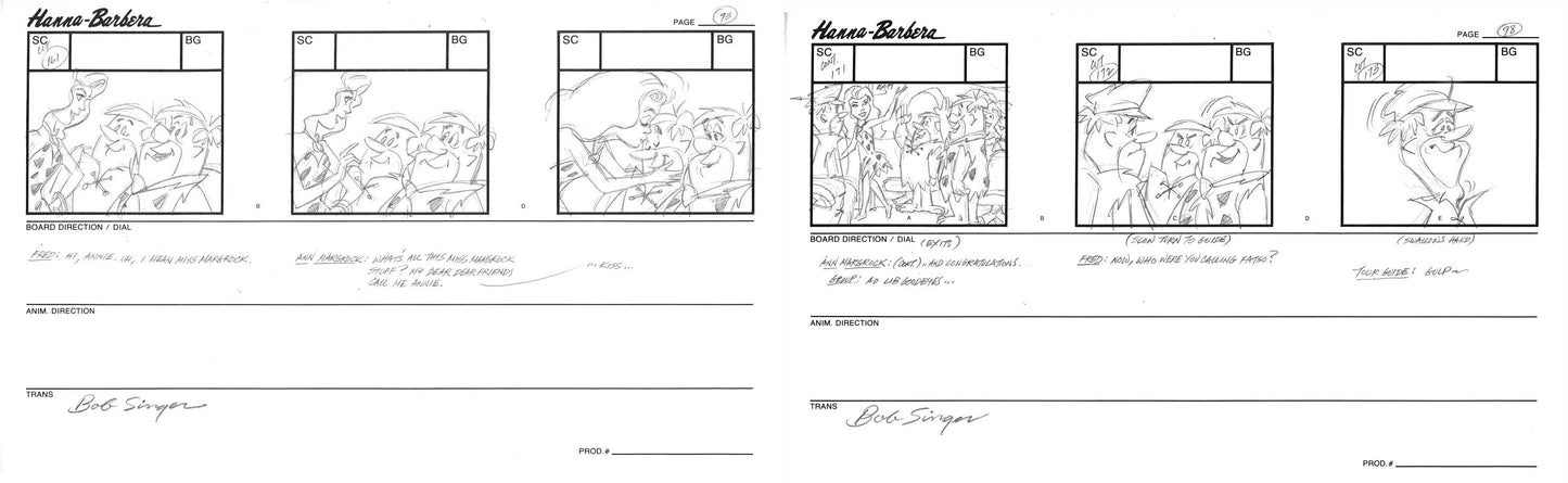 2 LOT of Flintstones Hollyrock-a-Bye Baby Animation Storyboards with Ann Marg-rock from Hanna Barbera Signed by Bob Singer 1993 3n8