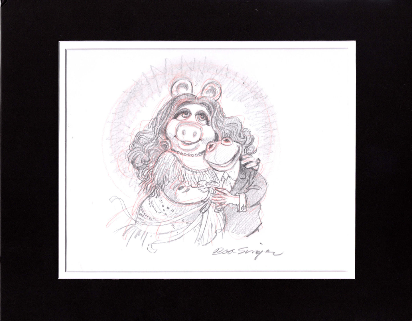 The Muppets Kermit the Frog and Miss Piggy Pencil Scene Drawing Signed by Bob Singer