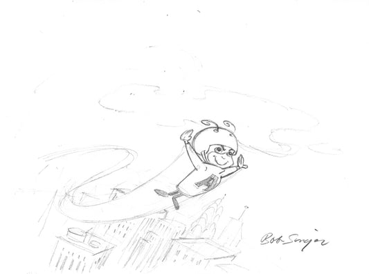 Atom Ant Pencil Scene Drawing Signed by Bob Singer Based on the Hanna Barbera Character