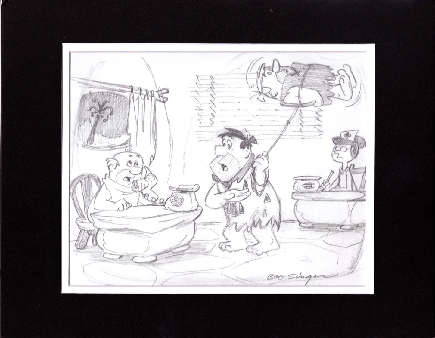 The FLINTSTONES Fred Barney Pencil Scene Drawing Signed by Bob Singer Nothing But the Tooth
