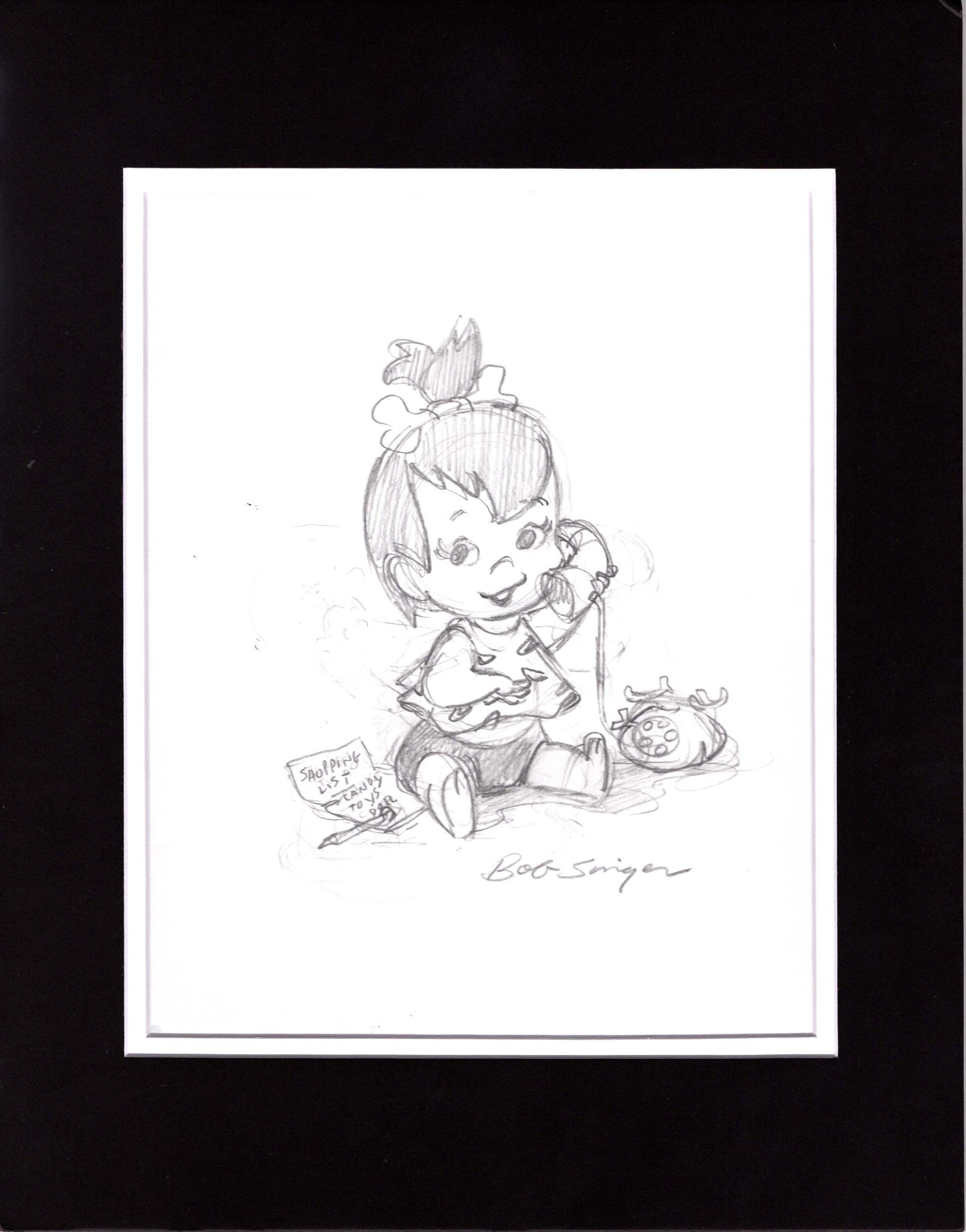 2 LOT The FLINTSTONES Pebbles and Bamm Bamm Pencil Drawings Signed by Bob Singer