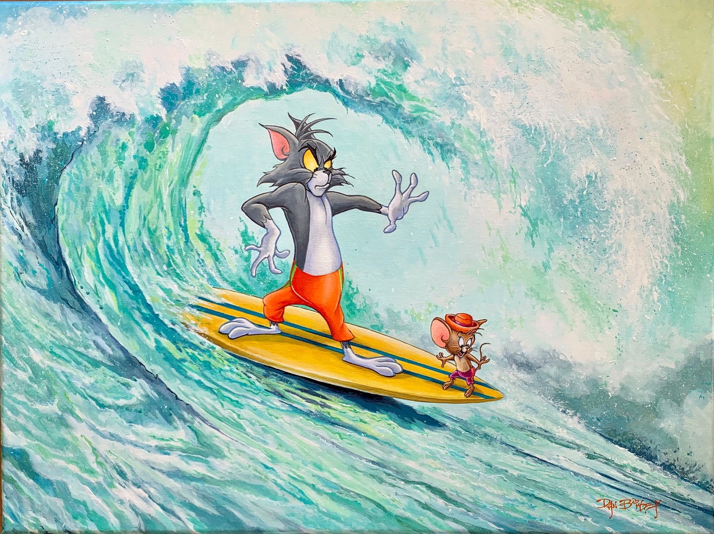 Tom and Jerry Surfing Dan Bowden Signed 2021 Hanna Barbera Limited Edition Canvas Print of 150 Tandem in the Tube