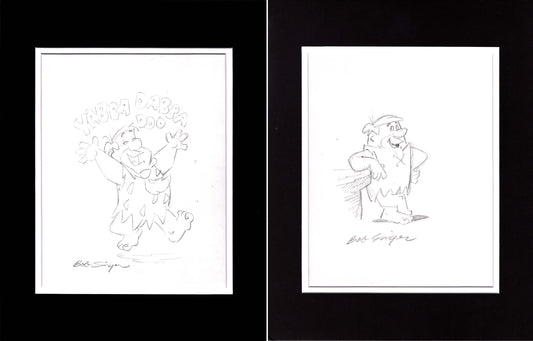 2 LOT The FLINTSTONES Fred Flintstone and Barney Rubble Pencil Drawings Signed by Bob Singer