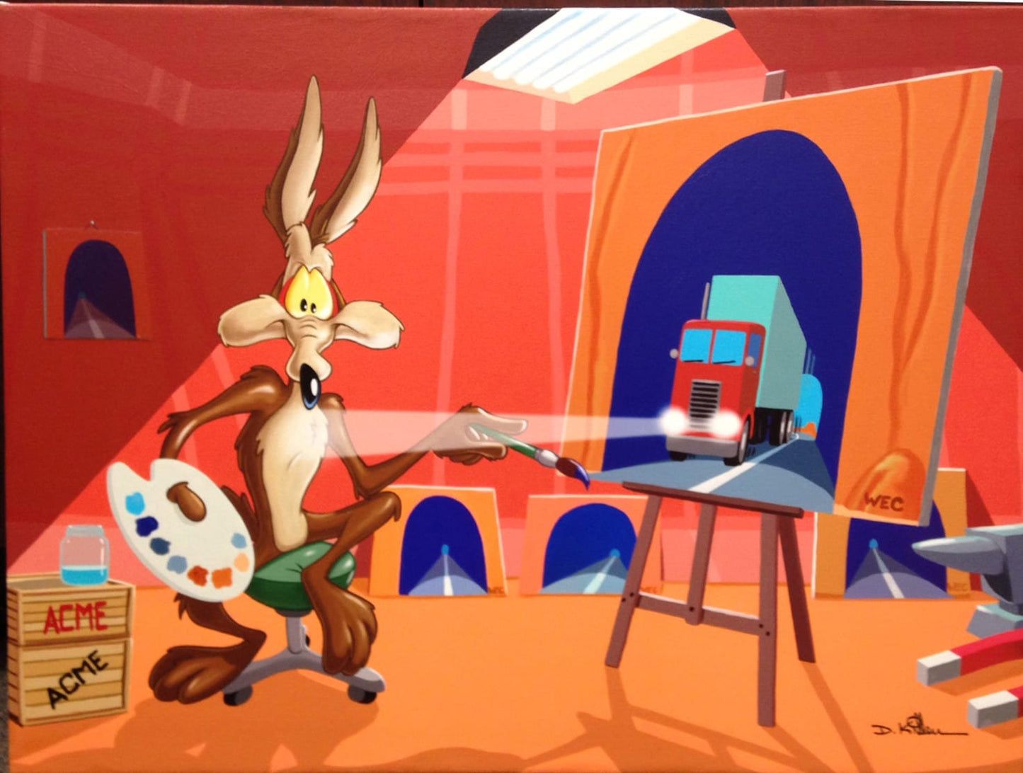 Daniel Killen Signed Semi-Struck Wile E Coyote Warner Brothers Limited Edition of 25 Giclee on Canvas