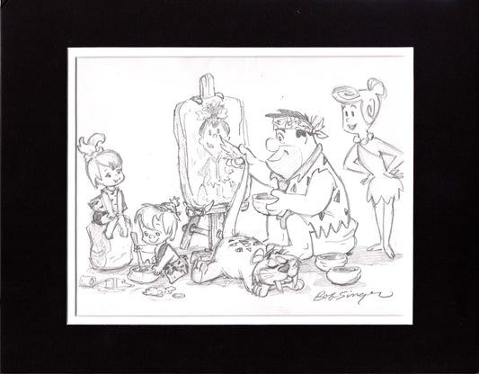 The FLINTSTONES Fred Wilma Family Pencil Scene Drawing Signed by Bob Singer Pebbles Portrait