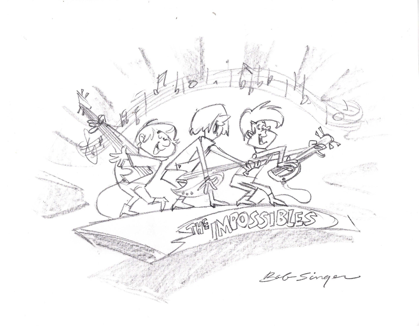 The Impossibles Pencil Scene Drawing Signed by Bob Singer Based on the Hanna Barbera Characters
