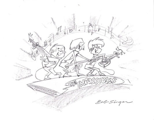 The Impossibles Pencil Scene Drawing Signed by Bob Singer Based on the Hanna Barbera Characters