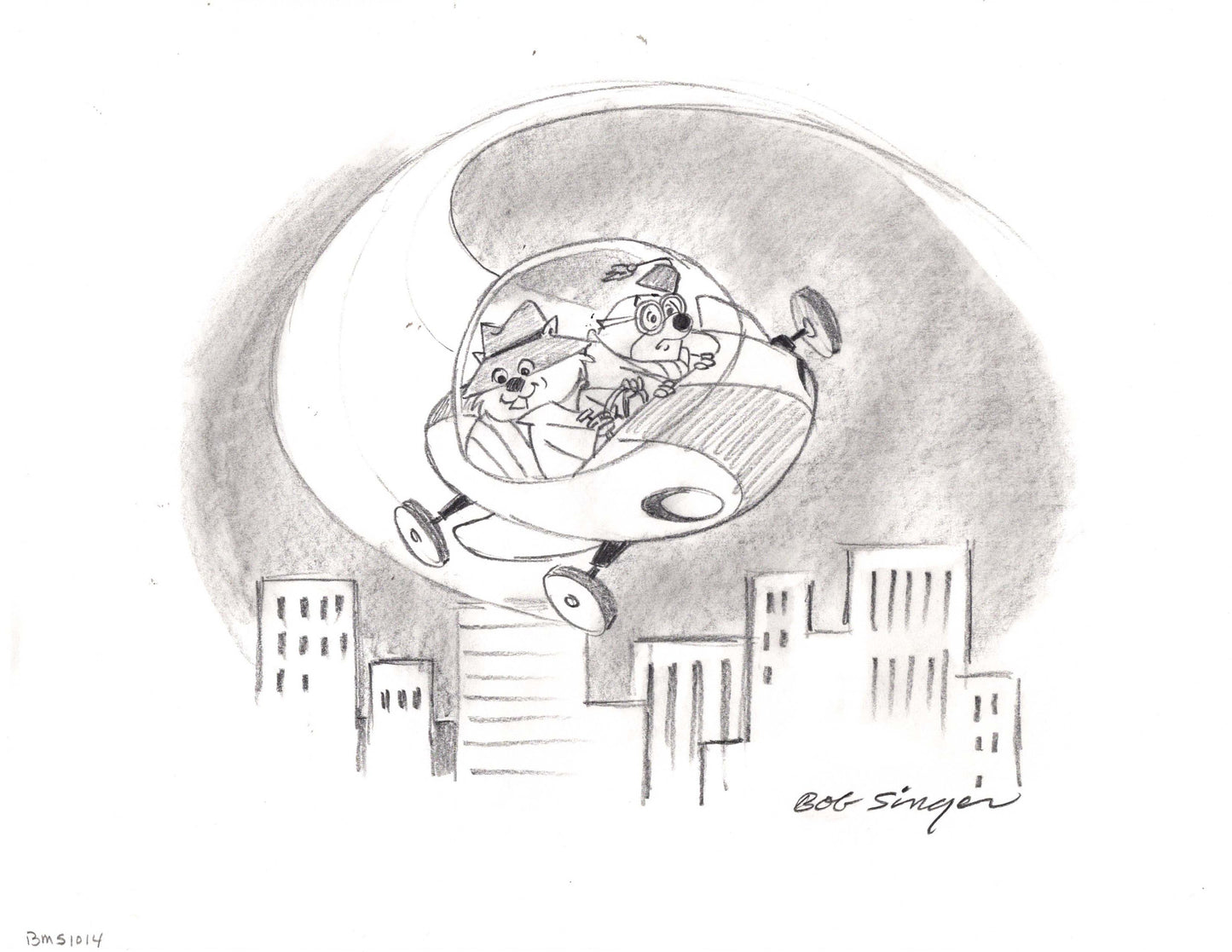 Secret Squirrel Pencil Scene Drawing Signed by Bob Singer Based on the Hanna Barbera Characters